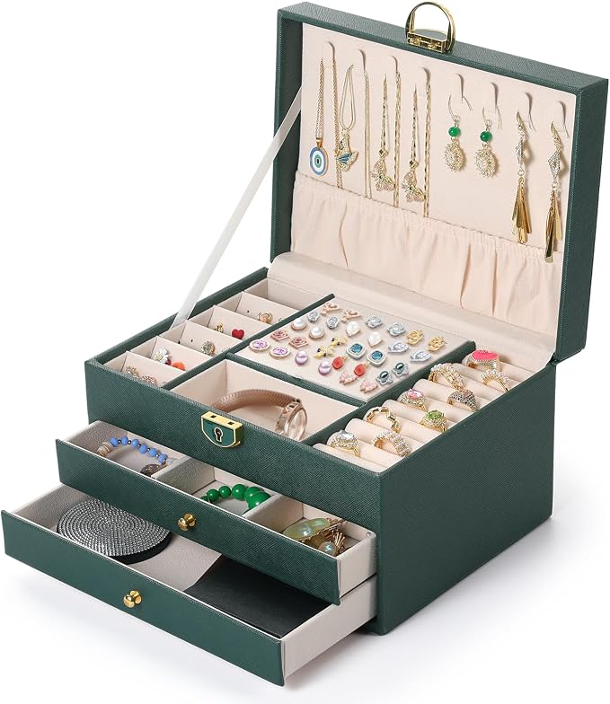 coobest 3 Layer Jewelry Box, Jewelry Holder Organizer with 2 Drawer Tray, Large boxes for Women Velvet Earring Organizer, Lockable & Organizers, Birthday Gifts for Women Mom, Green - Image 9