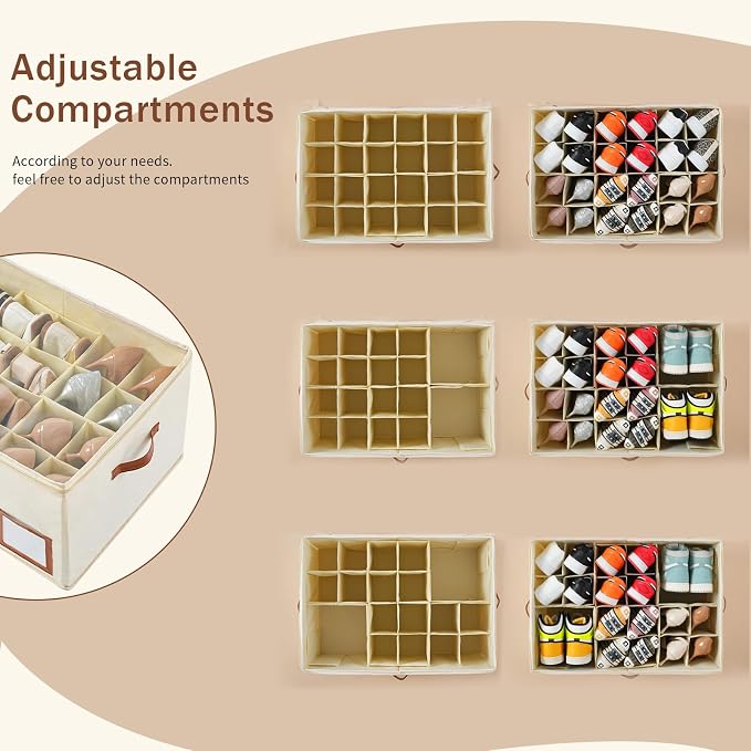 INSTY Shoe Organizer for Closet Fit 24 Pairs, Large Foldable Shoe Storage Containers Box Bin w/Adjustable Dividers and Clear Cover, Space Saving Shoe Storage Organizer Box, Beige - Image 4
