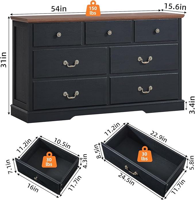 Farmhouse Dressers & Night Stand Set of 3,54" Wide 7 Drawer Dresser,18" Wide 2 Drawers End Table with Charging Station Set of 2,Furniture Dresser Sets for Home Black