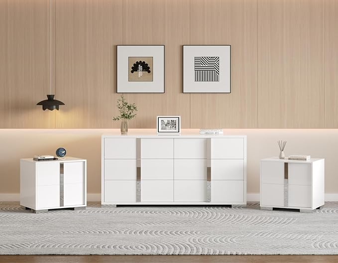 AMERLIFE 3 Piece Bedroom Set, Two 23.6" Nightstands & 6-Drawer Dresser, Silent Glide Drawers & Metal Handles, Modern High Gloss UV Finish, Dresser Set for Bedroom, White