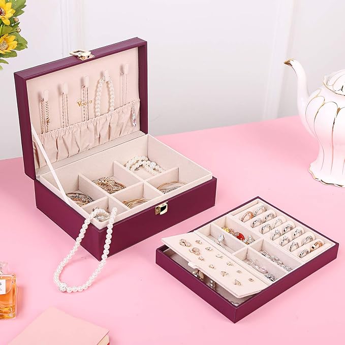 Voova Jewelry Box Organizer for Women Girls, 2 Layer Large Men Jewelry Storage Case, PU Leather Display Jewellery Holder with Removable Tray for Necklace Earrings Rings Bracelets, Vintage Gift, Purple - Image 4