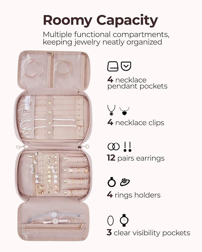 BAGSMART Jewelry Organizer Case Large Travel Jewelry Storage Bag for Necklace, Earrings, Rings, Bracelet, Soft Pink - Image 4
