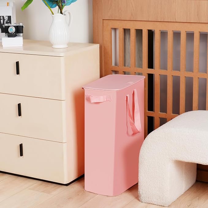 efluky Slim Laundry Basket with Lid, Narrow Laundry Hamper with Handles, Collapsible Dirty Clothes Hamper, Tall Laundry Bin for Laundry Room, Dorm and Bedroom, 55L Pink - Image 6