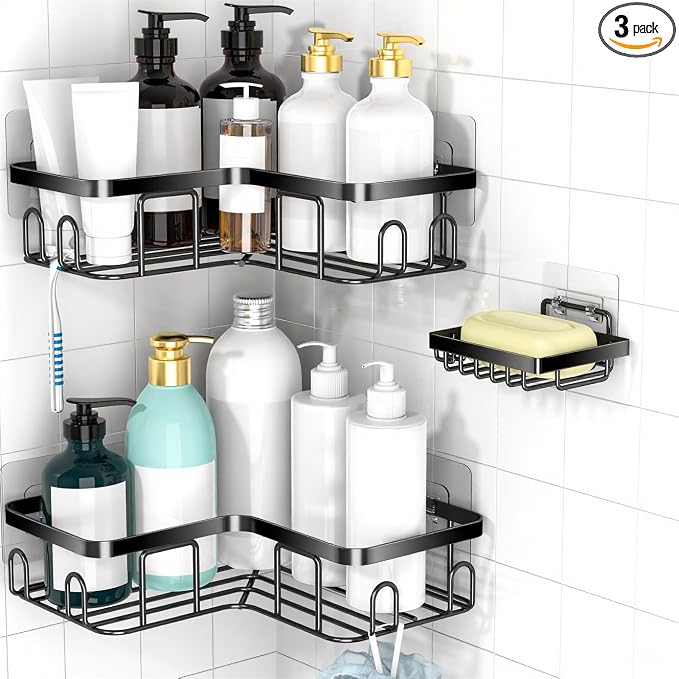 Moforoco Corner Shower Caddy Shelf Organizer Rack, Self Adhesive Black Bathroom Shelves Basket, Home Wall Shower Inside Organization and Storage Decor RV Accessories, First Apartment Essentials by MOFOROCO