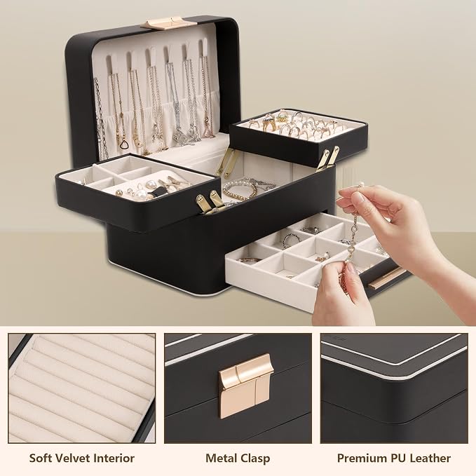 KAMIER Jewelry Box, 3 Layers Jewelry Organizer with Drawers, PU Leather Jewelry Storage Organizer for Earring, Ring, Necklace, Bracelets, Christmas Gift, Jewelry Boxes for Women Girls (Beige) - Image 4