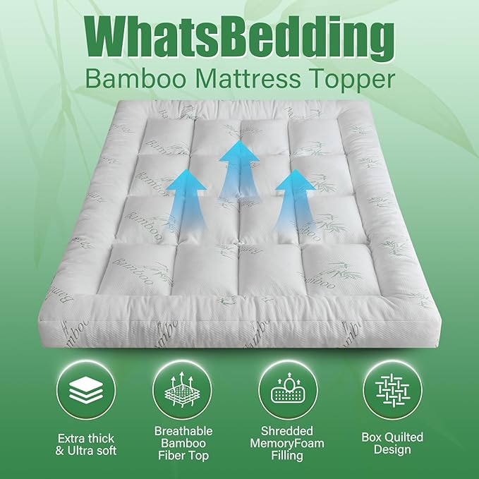 WhatsBedding 5 Inch Memory Foam Mattress Topper King Size for Back Pain Relief, Cooling Breathable Bamboo Viscose Air Layer