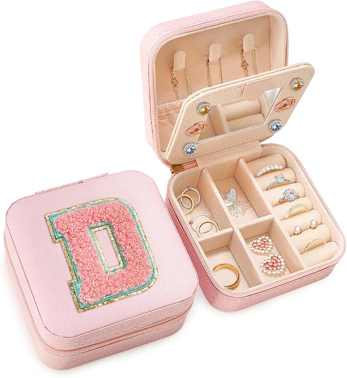 SANDJEST Personalized Jewelry Box, Pink Travel Jewelry Box with Initial D, Small Monogrammed Jewelry Case Organizer for Girls Women Teen Kids, Mini Travel Essentials Gifts for Birthday Christmas by SANDJEST