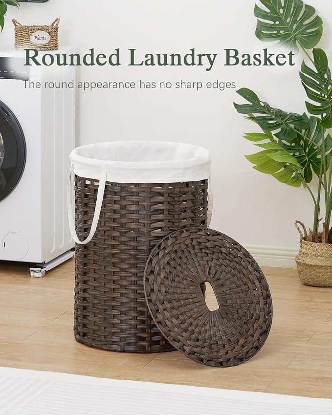 SETVSON Laundry Basket with Lid Round Rattan Laundry Hamper with Lid and Handles 29.1 Gal (110 L) Handwoven Woven Basket with Removable Bags and 2 Mesh Bags for Bathroom Living Room Brown - Image 2