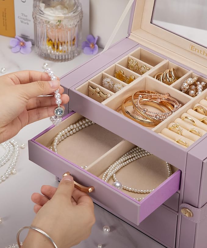 Enthralite Jewelry Box with 3 Drawers: Display Organizer for Earrings Necklaces - Gifts for Girls Women (Grey Purple) - Image 7