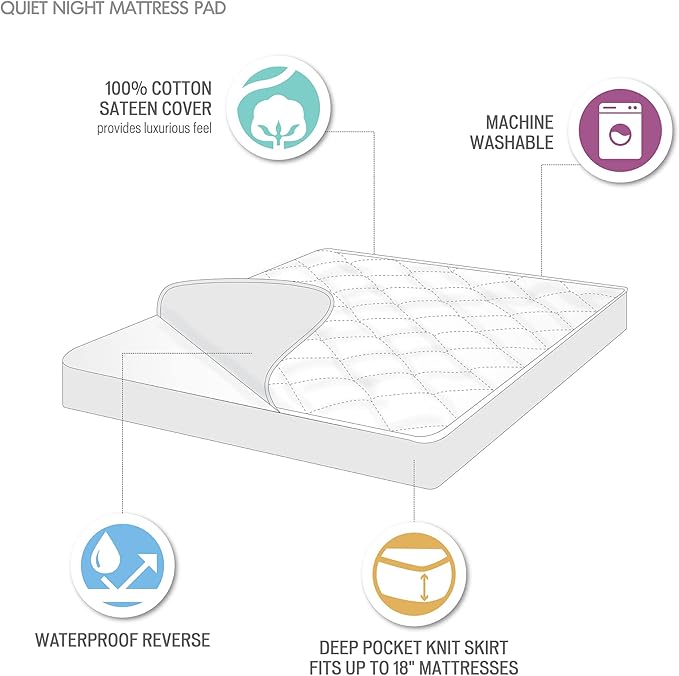 Madison Park Queen Mattress Protector Pad Waterproof Bed Cover, Breathable 300TC Sateen Cotton, Diamond Quilted Topper, Quiet Nights, Fitted Pocket Fits Up to 18 Inch, Machine Washable, White