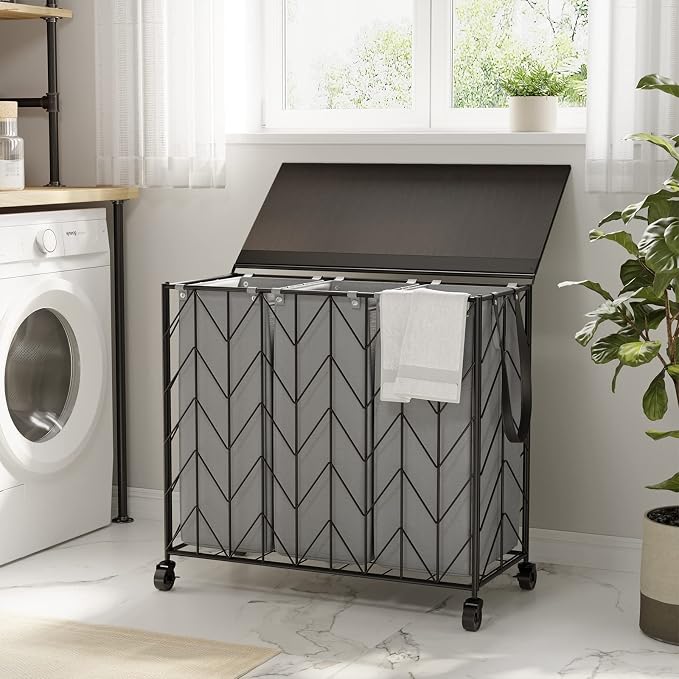 WOWLIVE Laundry Basket with Wheels, 142L Hamper 3 Section with Lid, Dirty Clothes Hamper with Removable Bags, Large Capacity Iron-Made Organizer Laundry Sorter for Dorm, Grey - Image 2