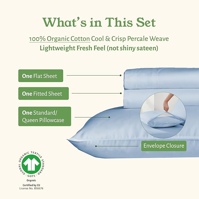 California Design Den Twin XL Sheets Set - Soft 100% Organic Cotton Sheets, Crisp and Cool Percale, Deep Pockets with Anti-Skid Elastic, Breathable and Durable Bedding for Dorm Room - Light Blue