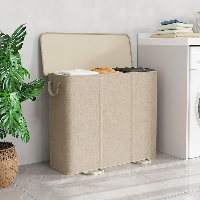 Lifewit Triple Laundry Hamper with Lid and Removable Laundry Bags, Large Collapsible 3 Dividers Dirty Clothes Basket with Handles for Bedroom Laundry Room Closet Bathroom College, 185L Beige - Image 2