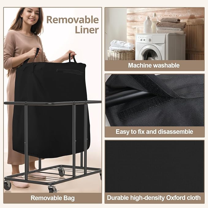 Hodonas Laundry Hamper with Wheels, 2-Section 230L (61Gal) Large Capacity, Heavy-Duty Rolling Clothes Basket with Silent Rubber Casters & Detachable Oxford Bags for Home, Black, 31.5"Lx15.75W"x30.7"H - Image 4