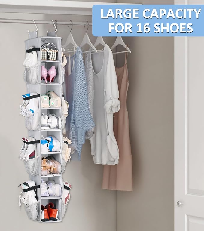 SLEEPING LAMB 8 Shelves Hanging Shoe Rack Hanger, Narrow Hanging Shoe Organizer for Closet Storage Clothes, Gloves, Bags, with 8 Large Mesh Pockets to Hold 16 Pairs Shoes in Dorm, Grey - Image 2