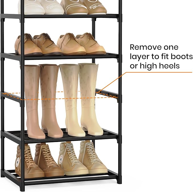 Narrow Shoe Rack 10 Tiers Tall Shoe Rack for Entryway Closet 20 24 Pairs Shoe & Boots Organizer Storage Shelf Durable Black Metal Stackable Shoe Cabinet with Hooks, 17.1D x 11.8W x 78.7H in - Image 5