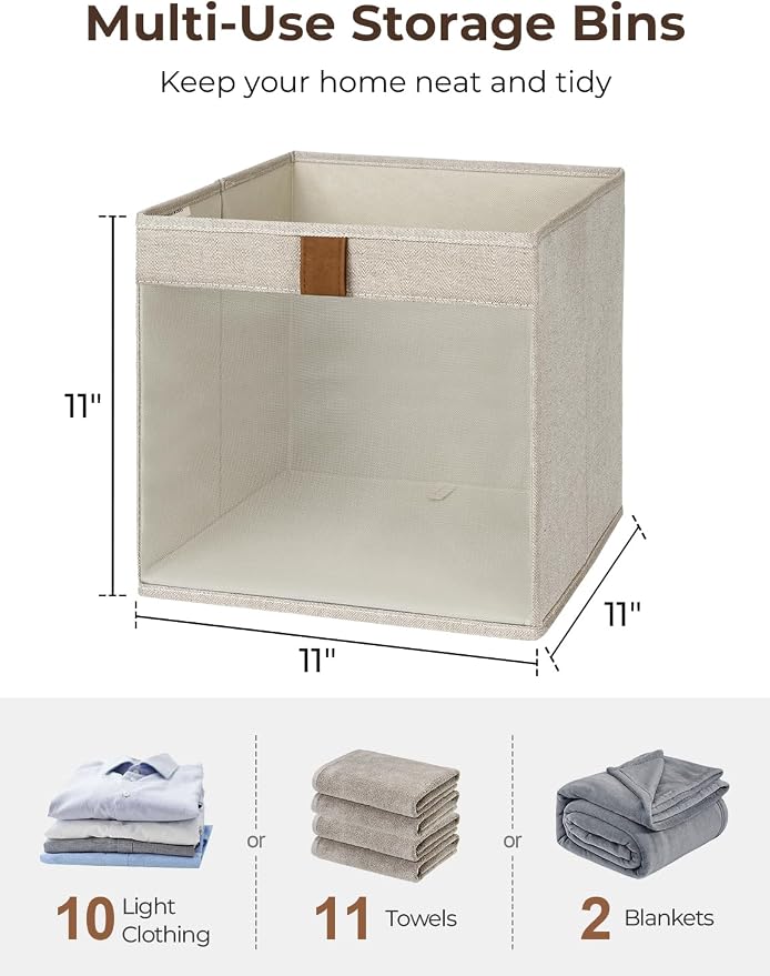StorageWorks 11x11 Storage Cubes, Closet Storage Bins with Clear Window, Fabric Organizer for Clothes, Collapsible Storage Baskets with PU Handles, Brown and Beige, 3-Pack - Image 2