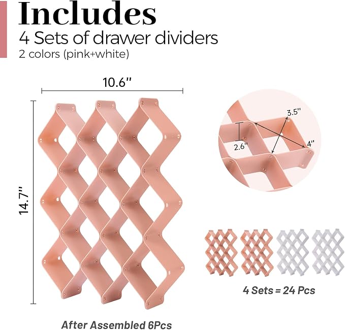 ROUFA Sock Drawer Organizer for Dresser, Honeycomb Underwear Dividers for Women, Panty Separator for Belts, Ties, Small Clothing(12pcs of Pink + 12pcs of White) - Image 2