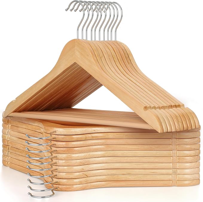 TOPIA HANGER Wooden Coat Hanger 20 Pack, Natural Wood Suit Hangers with Non Slip Pants Bar, 360° Swivel Hook and Shoulder Notches for Camisole, Jacket, Pants, Smooth Finish-CT34N20 by TOPIAHANGER