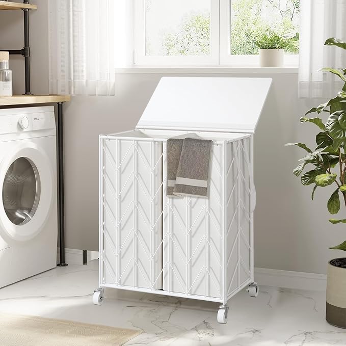 WOWLIVE Laundry Basket with Wheels, Heavy Duty Laundry Hamper with Wood Lid, Clothes Hamper with Divided Removable Liner Bag, Large Capacity Iron-Made Laundry Sorter Laundry Room Organization (White) - Image 4