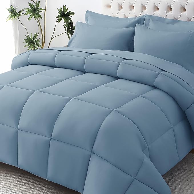 JOLLYVOGUE Twin Comforter Set, Ultra-Soft Bed in a Bag Twin Size 5 Pieces, Oeko-TEX Certified Bedding Set with Down Alternative Comforter, Sheets, Pillowcases & Shams, Dusty Blue