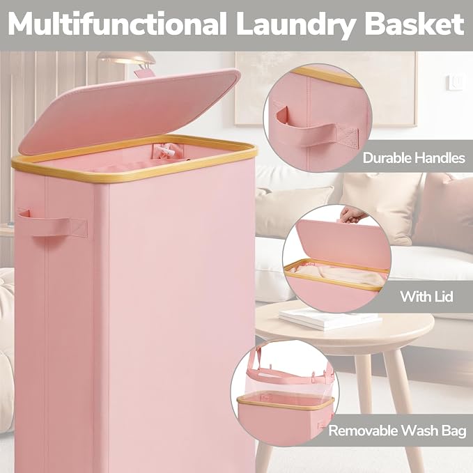 Goodpick Slim Laundry Basket with Wheels and Lid, 75L Tall Laundry Hamper with Bamboo Frame Removable Bag, Collapsible Clothes Hamper for Dorm Home Decor, Pink, 17" x 9.8" x 29.5" - Image 5