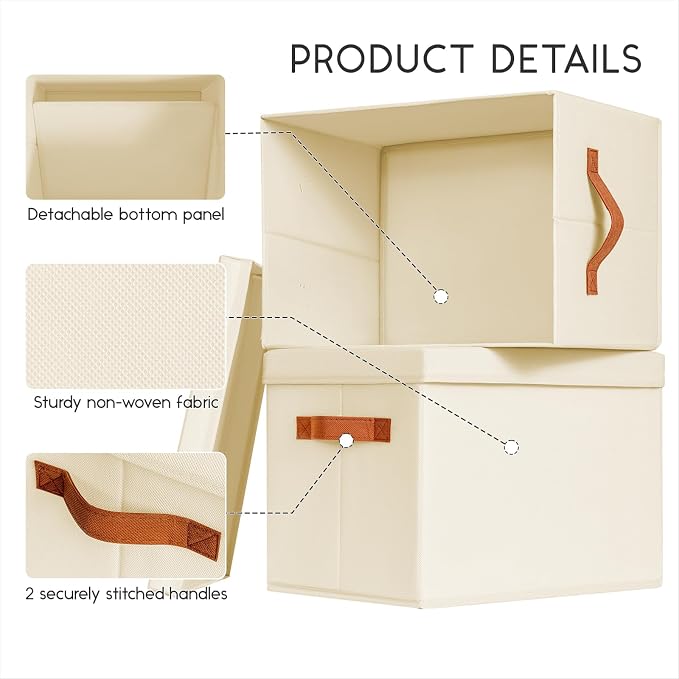 Homsorout Storage Bins with Lids - Fabric Storage Baskets for Shelves, 6 Pack Foldable Decorative Boxes with Handles, Stackable Organizer Bins for Home, Nursery, Dorm, Beige - Image 4
