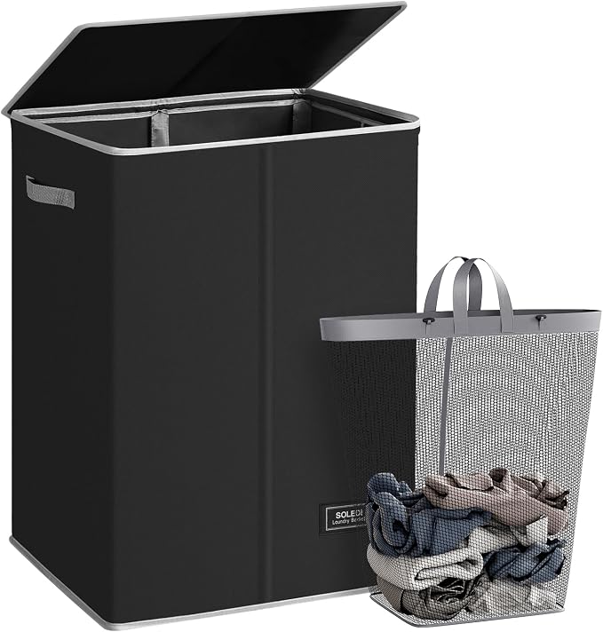 SOLEDI Laundry Hamper with Lid 130L Large & Tall Collapsible Laundry Basket, Clothes Hamper with Bag Removable Easy to Carry, Dirty Hampers for Bedroom, Bathroom, Dorm, College, Black by SOLEDI