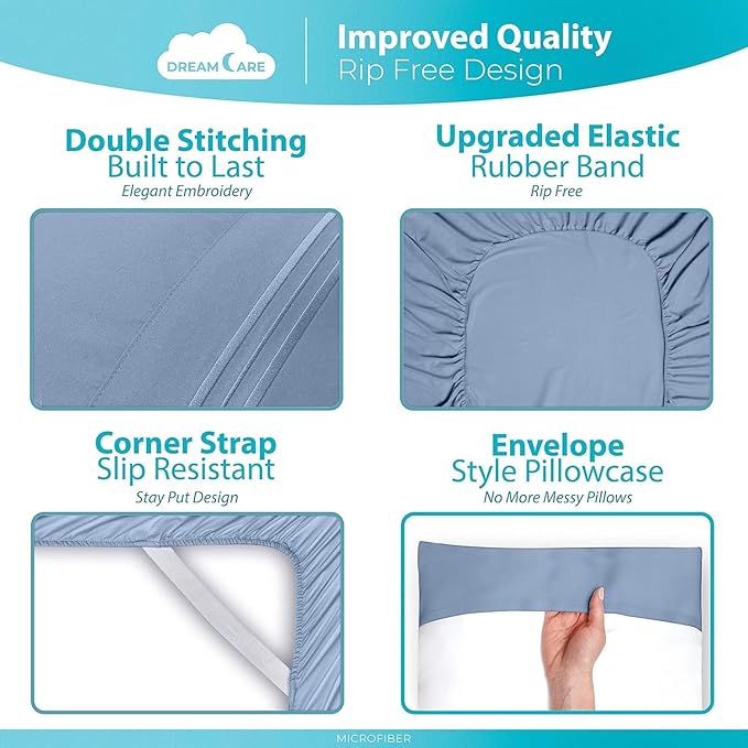 DREAMCARE King Size Sheets Set - 6 pcs Breathable Cooling Bed Sheets - up to 15" Deep Pocket King Sheet Set with Side Pockets - Extra Soft 100% Brushed Hypoallergenic Hotel Luxury Bedding - L Blue