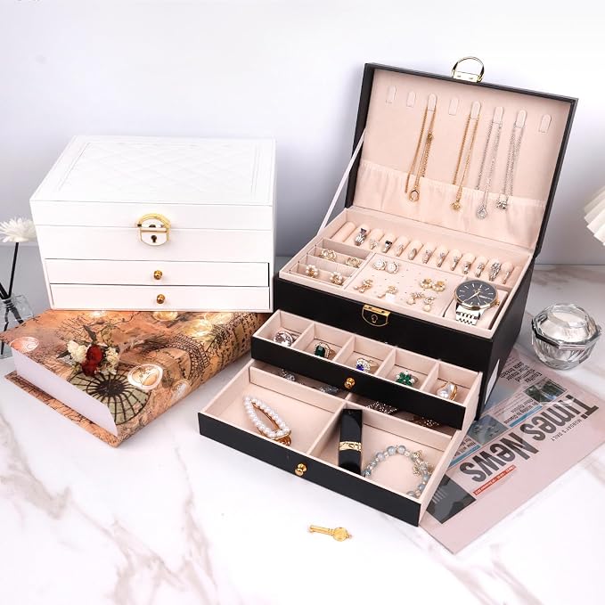 Jewelry Organizer Box for Women, Large Jewelry Organizer with Lock, 3 Tier Storage Box with Velvet Lining, 2 Drawers, Necklace Hooks, Ring Rolls - Image 8