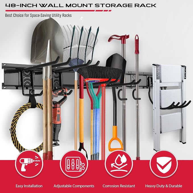 SEDY 48" Heavy Duty Garage Wall Organizer, Wall Mount Tool Storage Rack with Adjustable Hooks, Garden Tool Organizer Hold Up to 300lbs, Easy Installation (3 Panels, 8 Hooks, 3 Straps) - Image 6