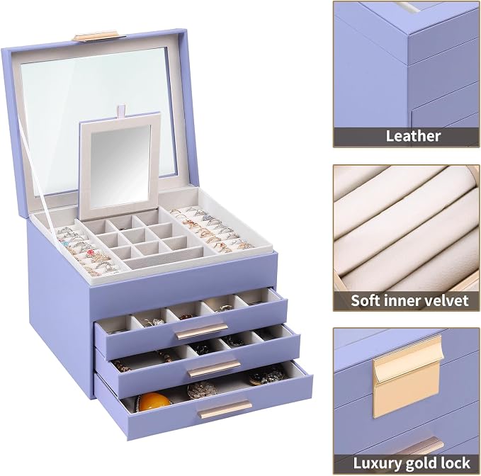 BOOVO Clear Lid Jewelry Box,4 Layers Jewelry Organizer Large Jewelry Storage Box with 3 Drawers,Jewelry Holder Organzier of Rings Earrings Necklace Bracelets for Women (Purple, 4 Layer) - Image 2