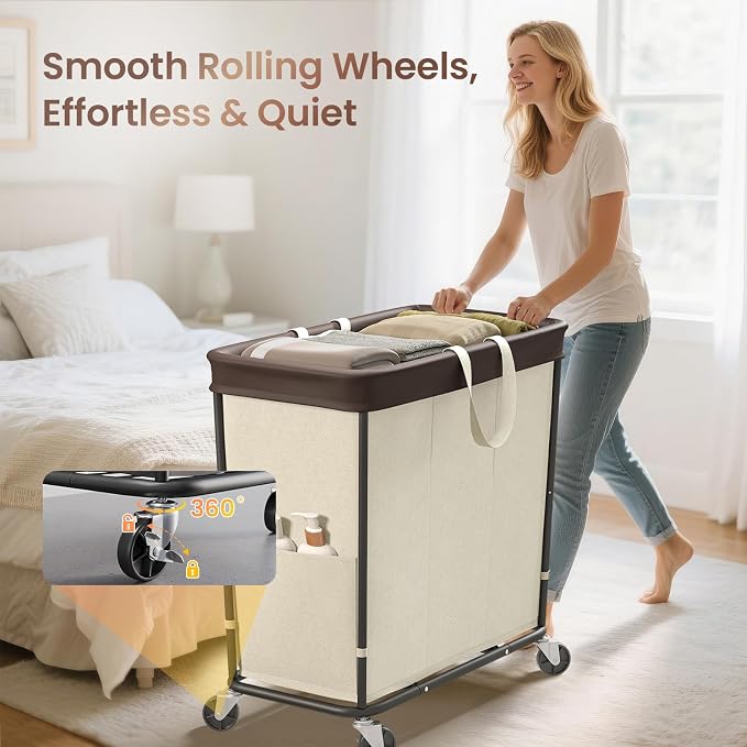 320L Laundry Basket with Wheels, 3-Section Rolling Hamper for Laundry, Extra Large Laundry Hamper with Wheels, Clothes Hamper Rolling Laundry Basket for Home, Bathrooms and Dorm(Beige) - Image 3