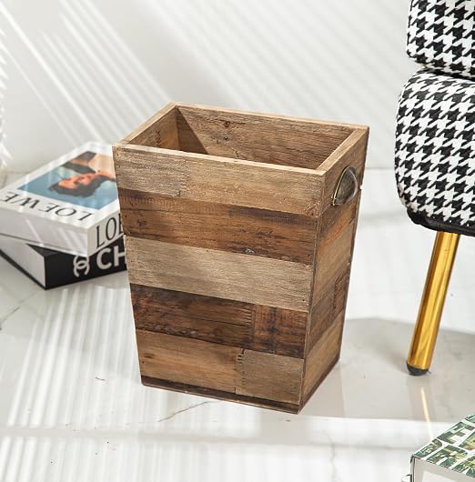 Small Wood Trash Can, Farmhouse Rectangular Garbage Can Waste Basket, Rustic Distressed Reclaimed Wood Wastebasket, Vintage Wooden Trash Recycling Bin Storage Basket with Metal Handles (Natural) - Image 2