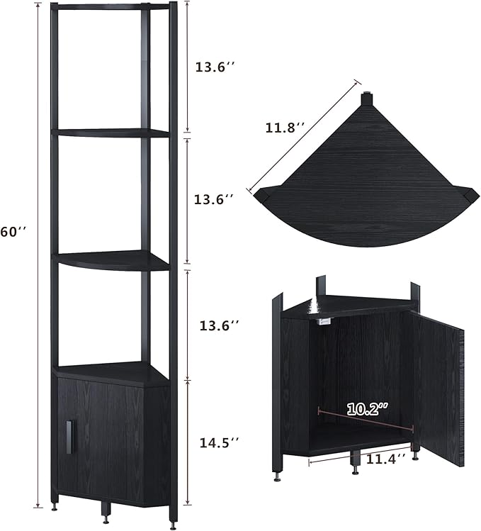 Corner Shelf with Storage, LED Lights 6-Tier Corner Bookshelf, 66'' Organizer Book Shelf Shelves Steel Frame Display Stand with Living Room, Bedroom, Study, Black - Image 2