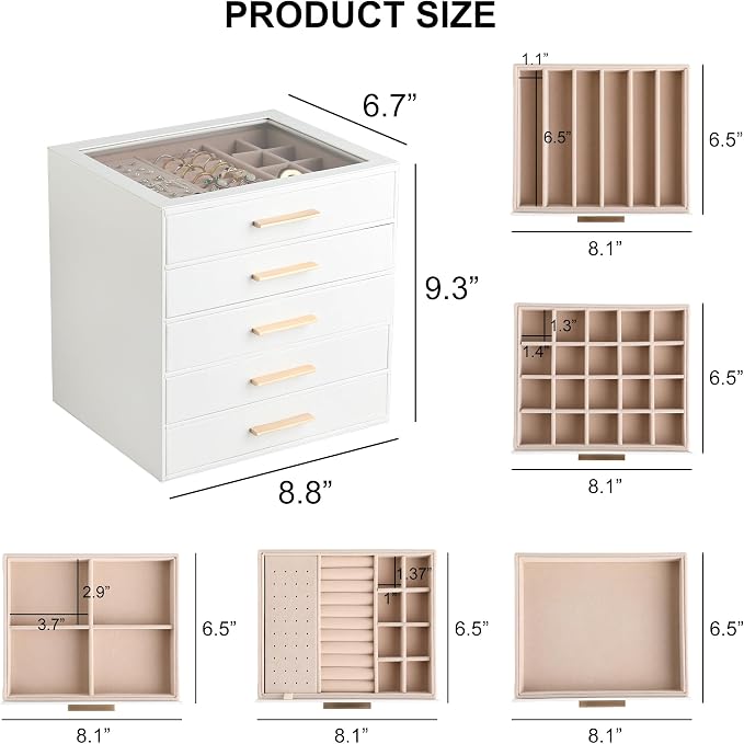 Frebeauty Clear Lid Jewelry Box,5-Layer Jewelry Organizer with Drawer,PU Leather Jewelry Organizers and Storage,Jewelry Boxes for Women,Jewelry Storage for Rings Earring Stud,Gift for Women(White) - Image 3