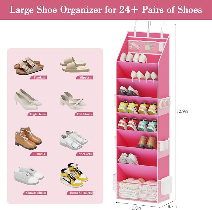 Criusia Shoe Storage, Over the Door Shoe Organizer, Hanging Closet Shoe Storage with Large Deep Pockets, Fits 16–24 Pairs of Sneakers, Sandals, Boots, Pink - Image 3