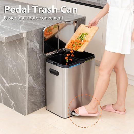 PayLessHere Dual Compartment Trash Can with Lid Removable Inner Bucket Foot Pedal Soft Close for Office Home Kitchen Garbage Can Trash Bin (Stainless Steel, 10 G) - Image 3