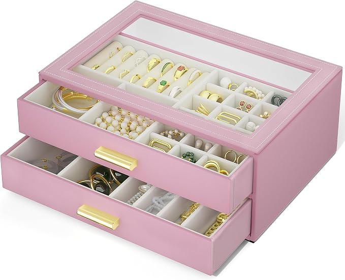 AKOZLIN Jewelry Box with Clear Lid Functional Leather Jewelry Storage Organizer Case 2 Drawers for Women Girls Necklace Ring Bracelet Earring - Image 8