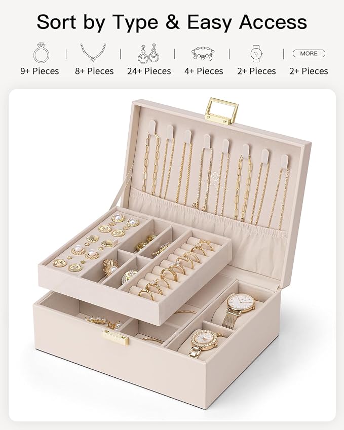 VLANDO 2 Layer Jewelry Boxes Large Jewelry Organizer for Women Removable Jewelery Tray for Watch Necklace Earrings Rings Bracelets Mothers Gifts Mom Gifts(Apricot White) - Image 7