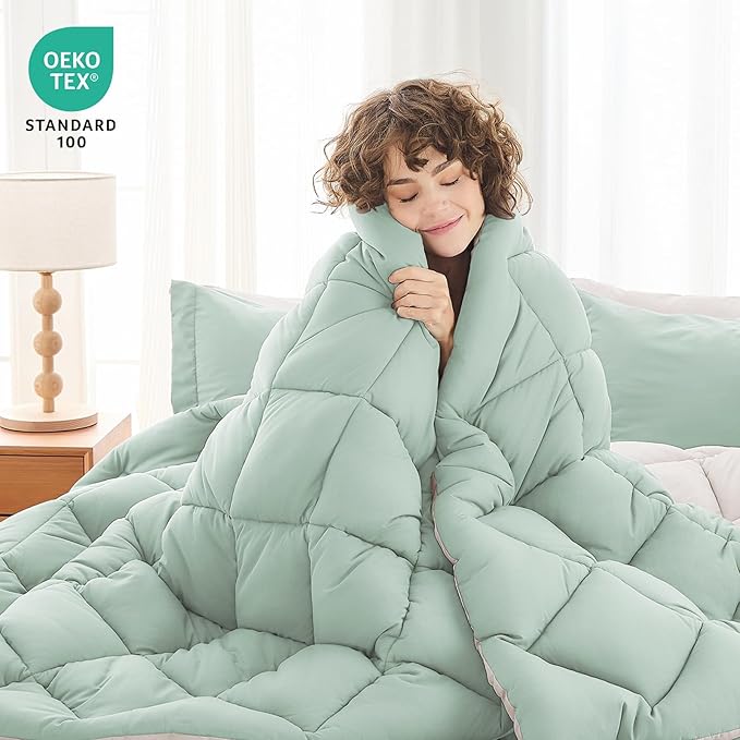 MUXHOMO 5 Pieces Twin XL Comforter Set, Reversible Bed in a Bag Twin XL Size, All Season Bedding Set with Comforter, Flat Sheet, Fitted Sheet, Pillowcases & Shams, Sage Green & Beige