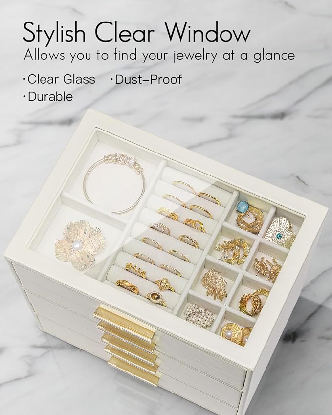 VLANDO 5 Layer Jewelry Box for Women, Glass Lid Jewelry Organizer with 5 Drawers for Necklaces Rings Earrings Bracelets - Cloud White - Image 5