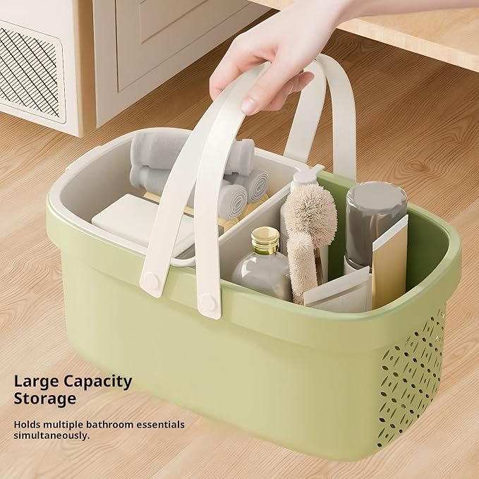 Pulseplay Plastic Organizer Storage Basket with Handles Portable Large Capacity Shower Caddy Basket with Drainage Holes for Bathroom Living Room College Dorm Room (Green) - Image 3