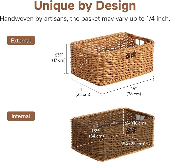 StorageWorks Pantry Baskets, Willow Storage Baskets for Organizing, Shelves, Pantry Organizers and Storage, Brown, 15"L x 11"W x 6 ¾"H - Image 2