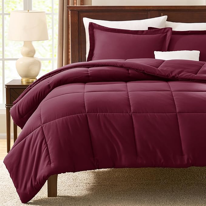 CozyLux King Size Comforter Set - Burgundy Comforter King Size, 3 Pieces Box Stitched Bed Set for All Seasons, Soft Lightweight Bedding Sets with 1 Down Alternative Comforter and 2 Pillow Shams