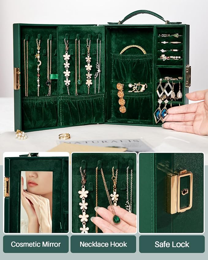 Enthralite Large Travel Jewelry Case: Portable Necklace Box with Mirror - PU Leather & Velvet Lined Jewelry Organizer for Ring Earring Bangle Bracelets Watch - Birthday Gift for Her - Image 5