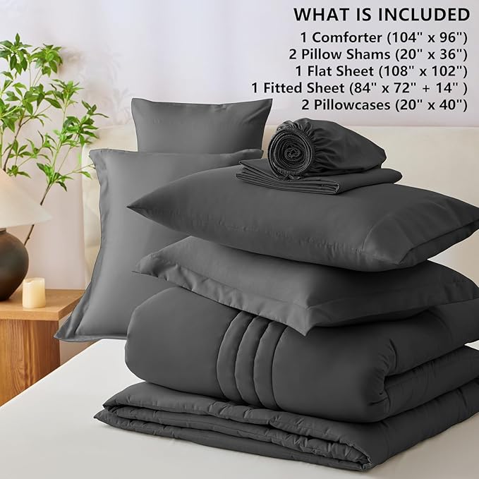 CozyLux California King Size Comforter Set - 7 Pieces Bed in a Bag Dark Grey Comforter Set with Sheets Cal King, Soft Bedding Set with Down Alternative Comforter, Sheets, Pillowcases & Shams