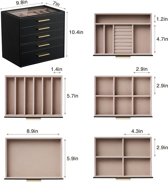 pickpiff Jewelry Box Organizer Case for Women: 5-Layer Jewelry Storage Case with Glass Window, Black Leather with Blush Velvet, Holder for Ring Necklace Bracelet Brooch Watch, Great Gift for Her - Image 6