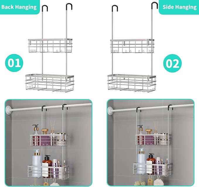 HapiRm Hanging Shower Caddy Organizer - No Drilling Shower Organizer with Hooks, Rustproof & Waterproof 304 Stainless Steel Bathroom Shelves - Silver - Image 3