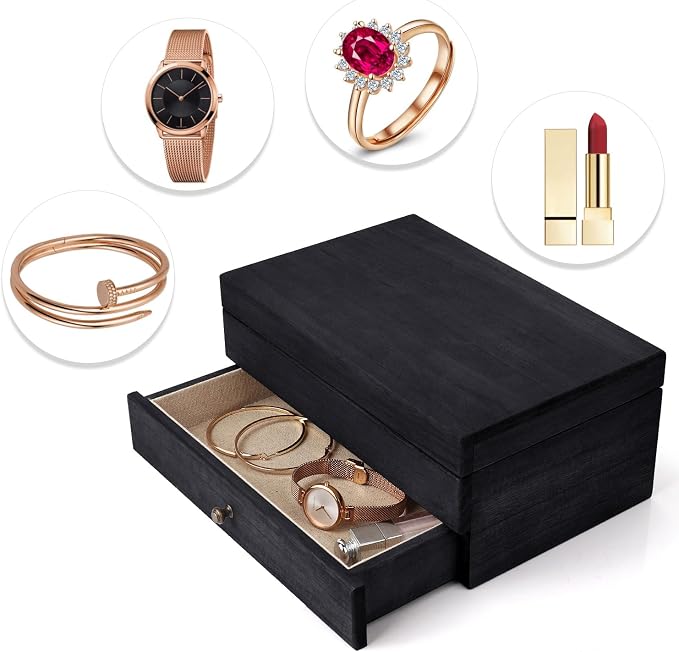 Meangood Jewelry Box Organizer for Women, 2 Layer Large Jewelry Storage Case, Rustic Wooden Jewelry Box with Mirror & Ring Tray for Necklace Earring Bracelets Rings, Vintage Style (Black) - Image 5